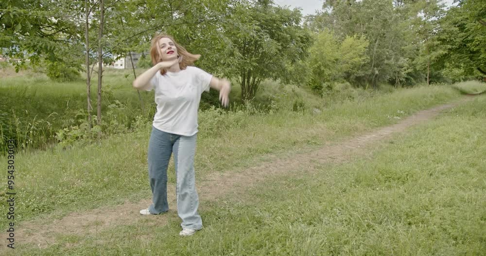 Carefree young woman dances with joy in a sunny park, expressing happiness and freedom. Carefree young woman dances with joy in a sunny park, expressing happiness and freedom.