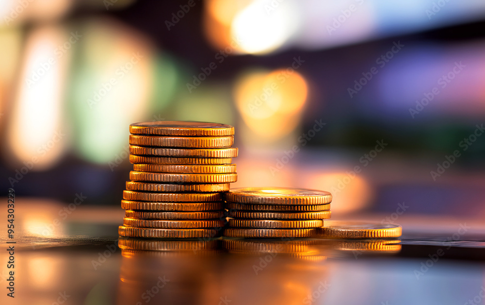 Stack of golden coins on a reflective surface with a blurred background, symbolizing wealth, investment, and financial growth. Stack of golden coins on a reflective surface with a blurred background, symbolizing wealth, investment, and financial growth.
