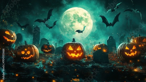 A chilling haunted background features a vivid illustration of grinning pumpkins,.