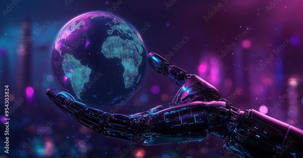 Fototapeta premium Robot Hand Holding the Earth with a Neon Cityscape in the Background