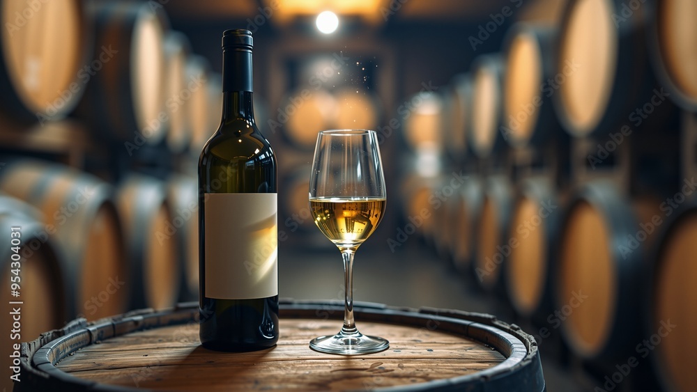 Rustic Wine Cellar Indulgence, A single glass of golden wine rests on a wooden barrel amidst other barrels in a dimly lit wine cellar. A white-labeled wine bottle adds to the cozy, rustic atmosphere. Rustic Wine Cellar Indulgence, A single glass of golden wine rests on a wooden barrel amidst other barrels in a dimly lit wine cellar. A white-labeled wine bottle adds to the cozy, rustic atmosphere.
