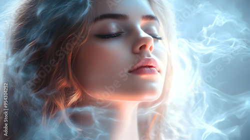 Woman's face with closed eyes surrounded by swirling smoke.