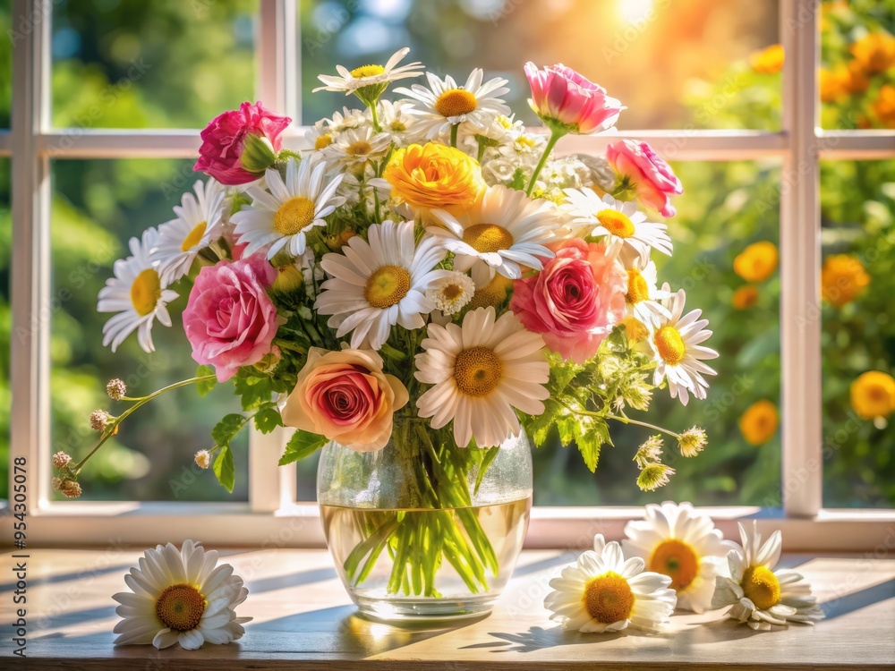 Vibrant bouquet of freshly cut daisies and roses overflowing from a delicate vase on a sunny windowsill, surrounded Vibrant bouquet of freshly cut daisies and roses overflowing from a delicate vase on a sunny windowsill, surrounded