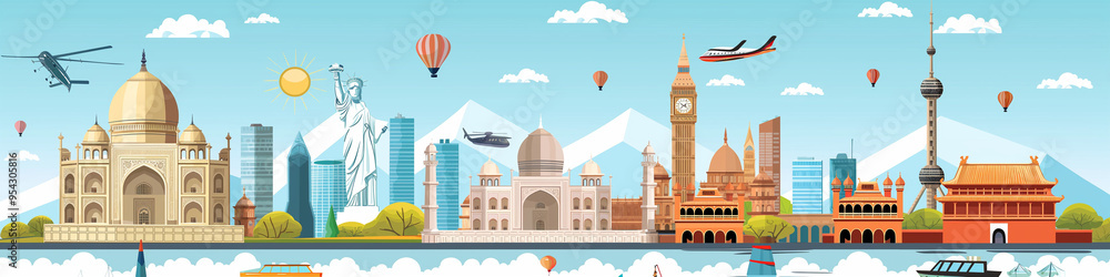 Fototapeta premium World Tourism Day celebration with iconic landmarks and transport symbols, capturing the spirit of global travel.