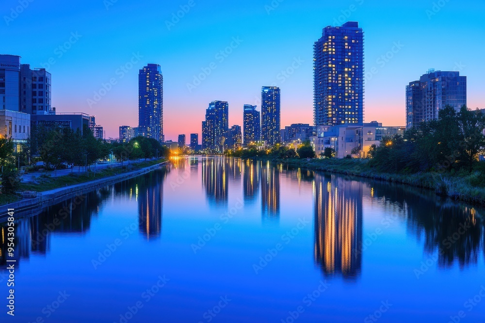 Stunning cityscape at dusk, featuring skyscrapers reflecting on a calm river, creating a serene urban atmosphere. Stunning cityscape at dusk, featuring skyscrapers reflecting on a calm river, creating a serene urban atmosphere.