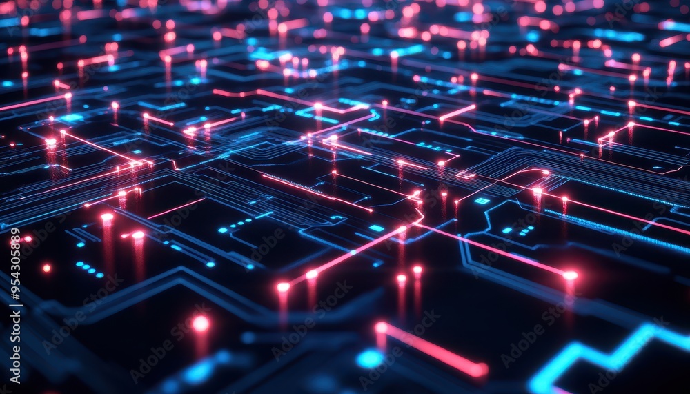 Obraz premium Stunning digital circuit board artwork with vibrant neon lights in blue and pink, representing advanced technology and innovation.