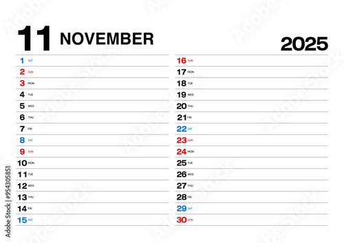 スケジュールが書き込める2025年11月のカレンダー