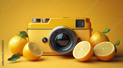 Yellow vintage camera surro...