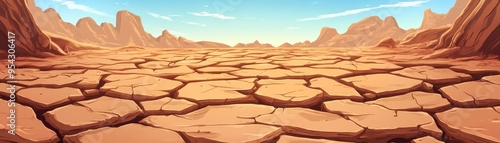 Cracked Earth Desert Landscape with Rocky Mountains