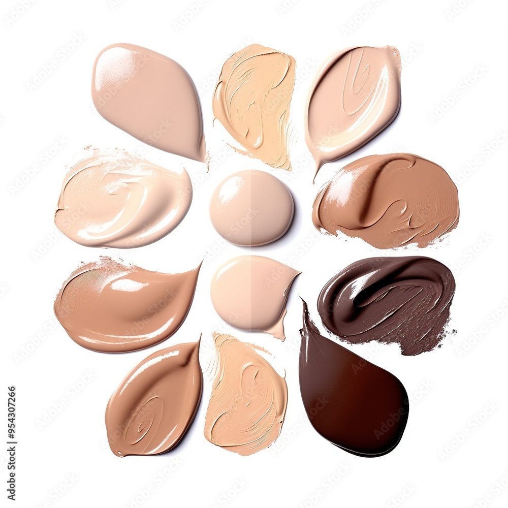 Fototapeta premium Foundation face make up samples. Set of cosmetic liquid foundation in different colour. Cream texture isolated on white background