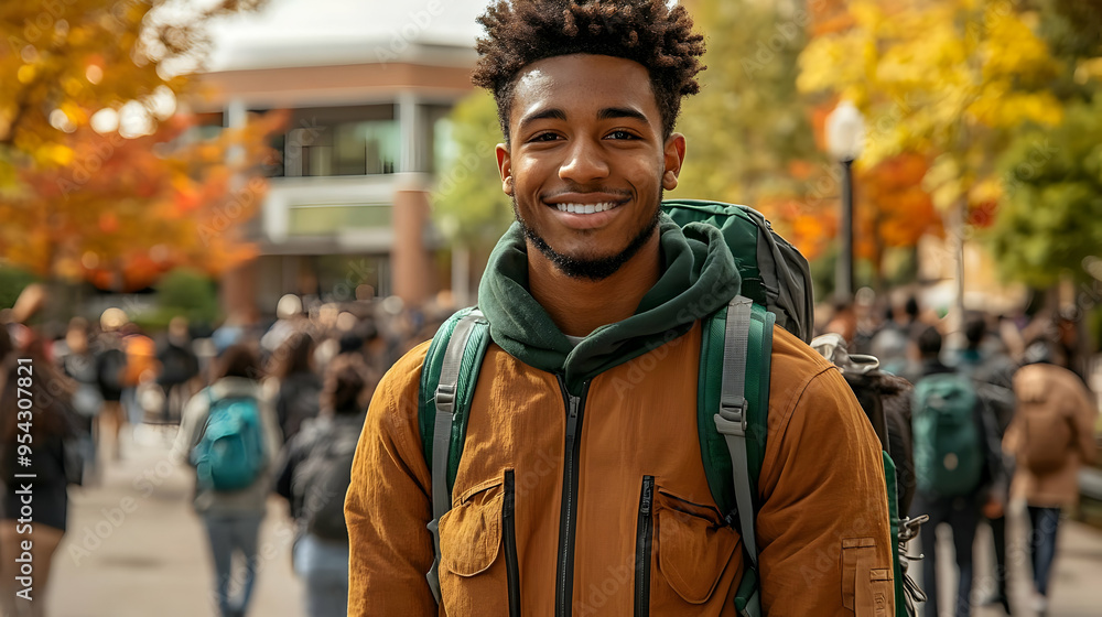 Fototapeta premium Young man in brown jacket smiling with backpack on campus.
