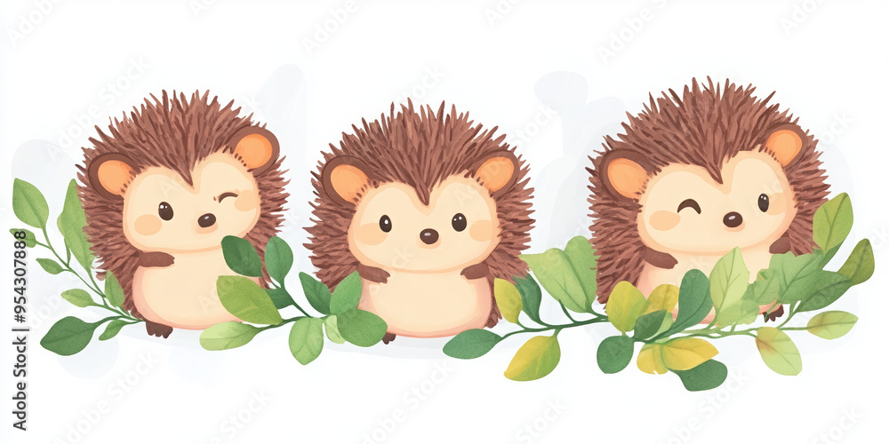 Obraz premium hedgehog animal leaves fall cute woodland nature cartoon illustration wildlife forest furry autumn playful small animal baby hedgehog happy hedgehog hedgehog pattern critter 