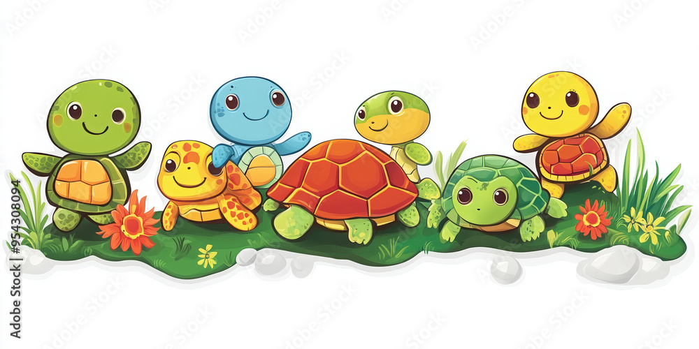 Obraz premium turtle cartoon animal cute kids nature graphics illustration green playful friendly beach shell character colorful reptiles pond water fun sea