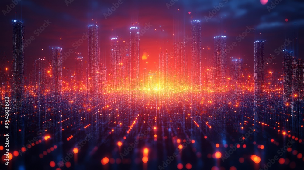 Fototapeta premium Futuristic Cityscape with Neon Lights and Glowing Buildings
