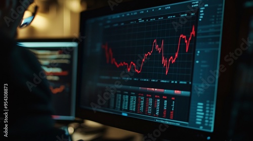 Close-up of a computer screen showing a detailed financial chart with fluctuating lines and data points photo