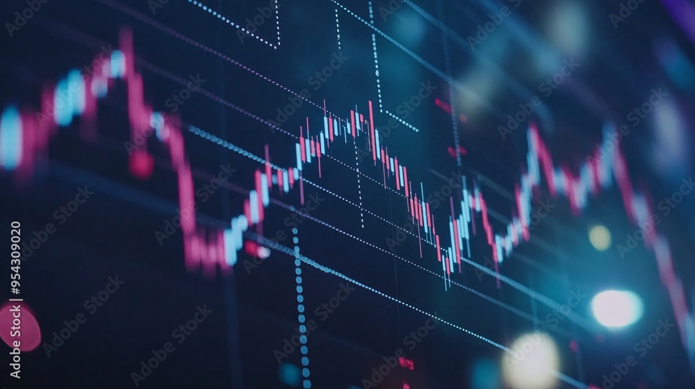 A financial chart with candlestick patterns and moving averages shown on a monitor A financial chart with candlestick patterns and moving averages shown on a monitor