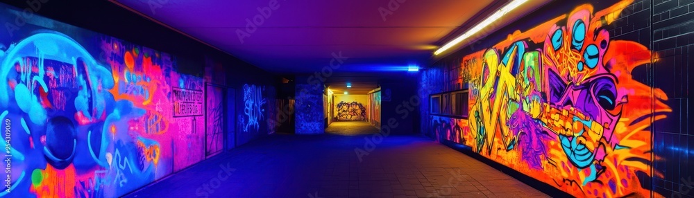Vibrant graffiti art in a modern urban hallway illuminated by colorful neon lights, showcasing creativity and street style. Vibrant graffiti art in a modern urban hallway illuminated by colorful neon lights, showcasing creativity and street style.