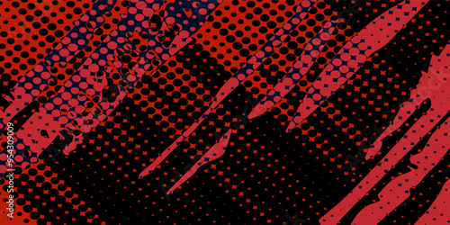 Red halftone dots blue color pattern gradient grunge texture background. Dot pop art comic sport style grunge design