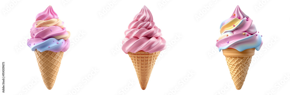 Soft serve ice cream cones with swirled flavors set isolated on transparent background Soft serve ice cream cones with swirled flavors set isolated on transparent background