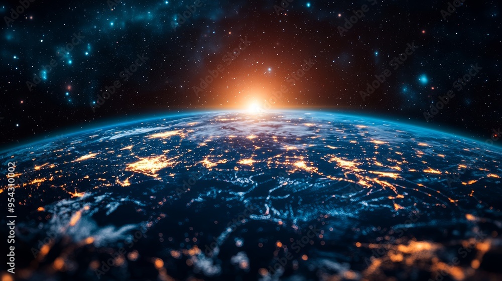 Obraz premium Earth from Space at Night with City Lights and Sunrise