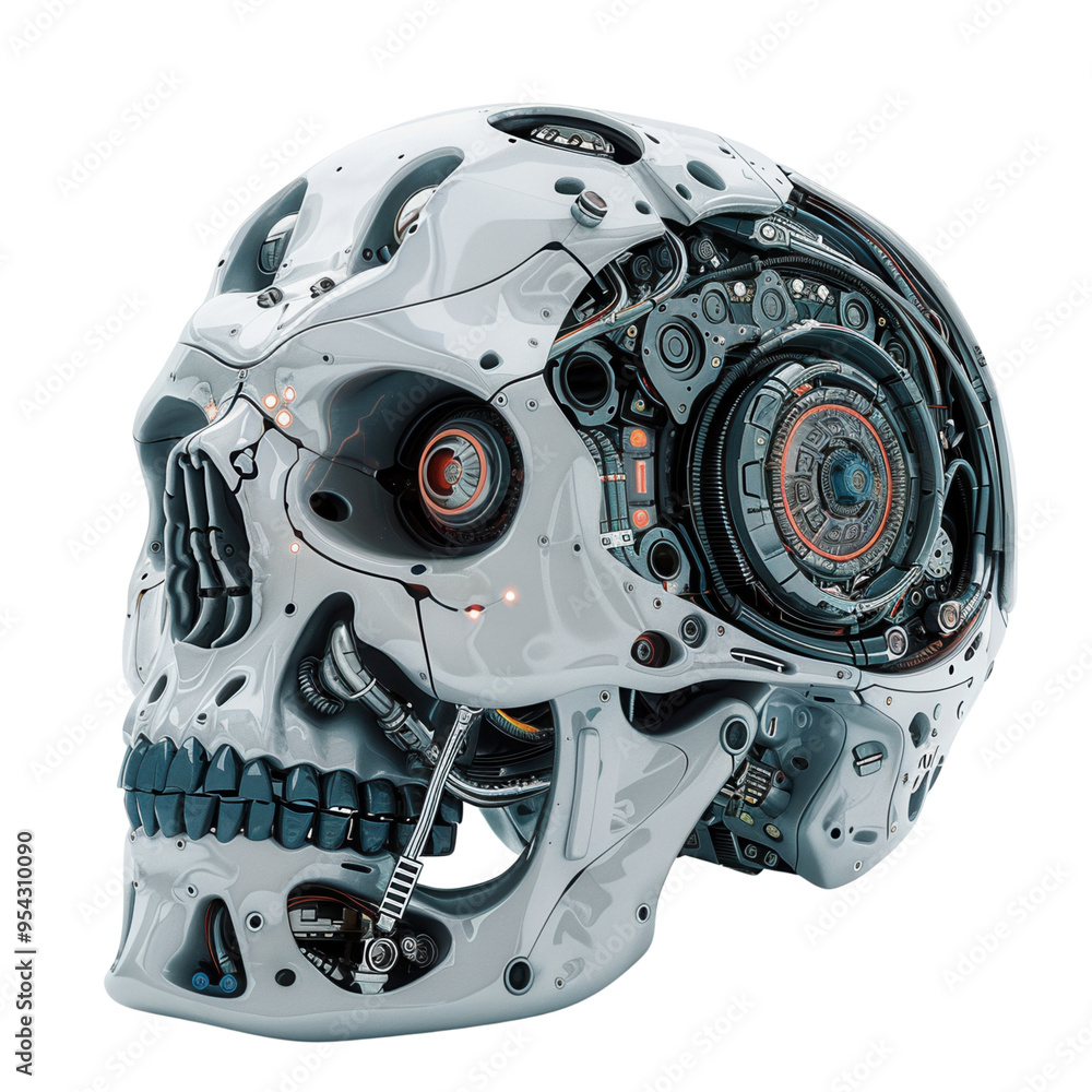 Fototapeta premium Futuristic robotic skull with intricate mechanical details, showcasing advanced technology and cybernetic design.