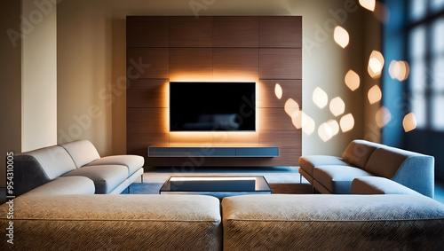 Modern Living Room with U-Shaped Sofa and Illuminated Wooden TV Wall