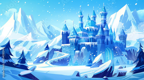 The Winter mountain landscape with medieval castle, game background, Illustration