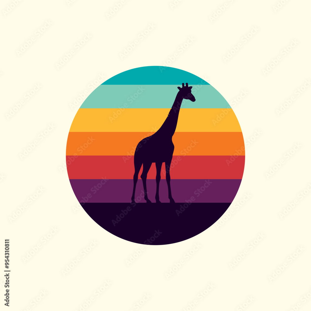 Fototapeta premium Giraffe silhouette against a striped retro sunset. Original vector illustration in vintage style isolated on light background. T-shirt design.