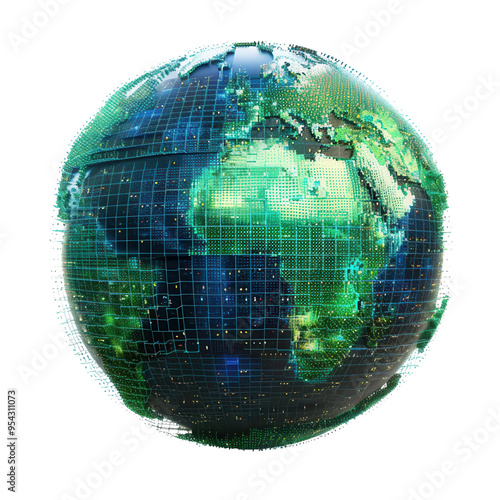 High-resolution digital globe with highlighted continents and grid lines, showcasing global connections and technology.