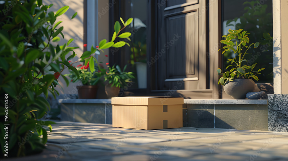 A cardboard package placed on the porch of a home surrounded by lush plants, with warm sunlight illuminating the area, representing home delivery and online shopping in a tranquil, green setting. A cardboard package placed on the porch of a home surrounded by lush plants, with warm sunlight illuminating the area, representing home delivery and online shopping in a tranquil, green setting.