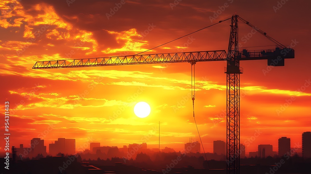 Naklejka premium Construction Crane Silhouette Against a Dramatic Sunset