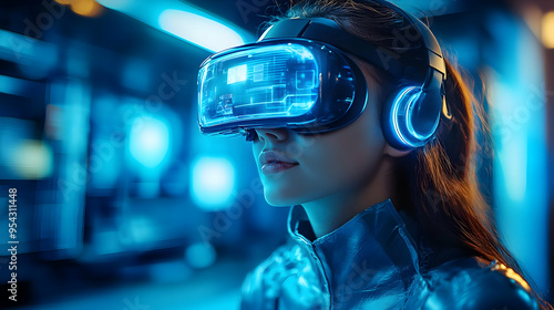 Young woman wearing VR head...