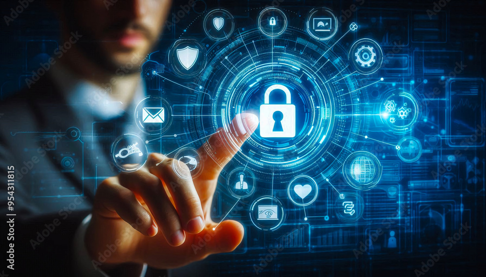 A man touching the digital security icon on virtual screen an popup on screen, A man touching the digital security icon on virtual screen an popup on screen,