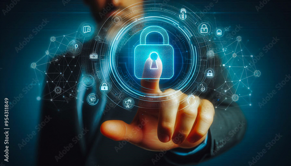 A man touching the digital security icon on virtual screen an popup on screen, A man touching the digital security icon on virtual screen an popup on screen,