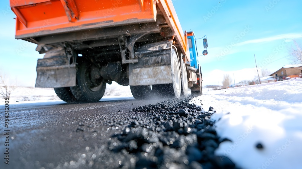 Fresh Asphalt Being Poured from Truck onto Road for Construction Fresh Asphalt Being Poured from Truck onto Road for Construction