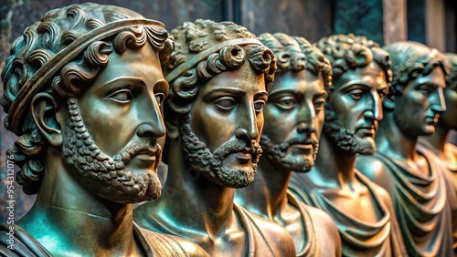 Bronze sculptures with burnished patina and textured surfaces reminiscent of ancient Greece