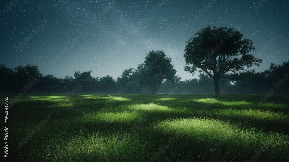 Starry Night Over a Meadow: A peaceful meadow under a clear night sky filled with twinkling stars and a faint Milky Way, with the faint outline of a tree in the foreground. Starry Night Over a Meadow: A peaceful meadow under a clear night sky filled with twinkling stars and a faint Milky Way, with the faint outline of a tree in the foreground.