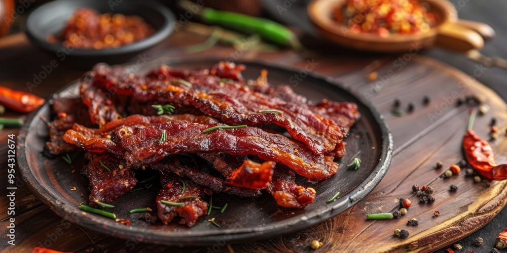 BBQ Bacon Jerky on a Flat Plate Bak Kwa BBQ Bacon Jerky on a Flat Plate Bak Kwa
