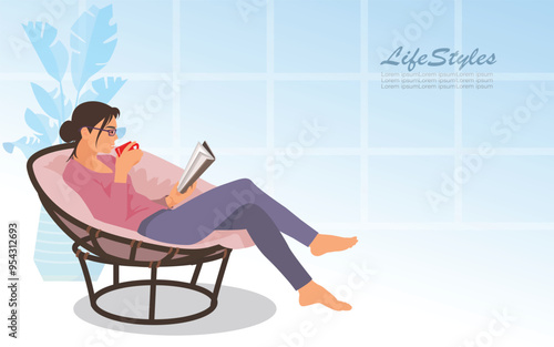 Young woman at home sitting on modern chair in front of window relaxing in her living room reading book and drinking coffee or tea