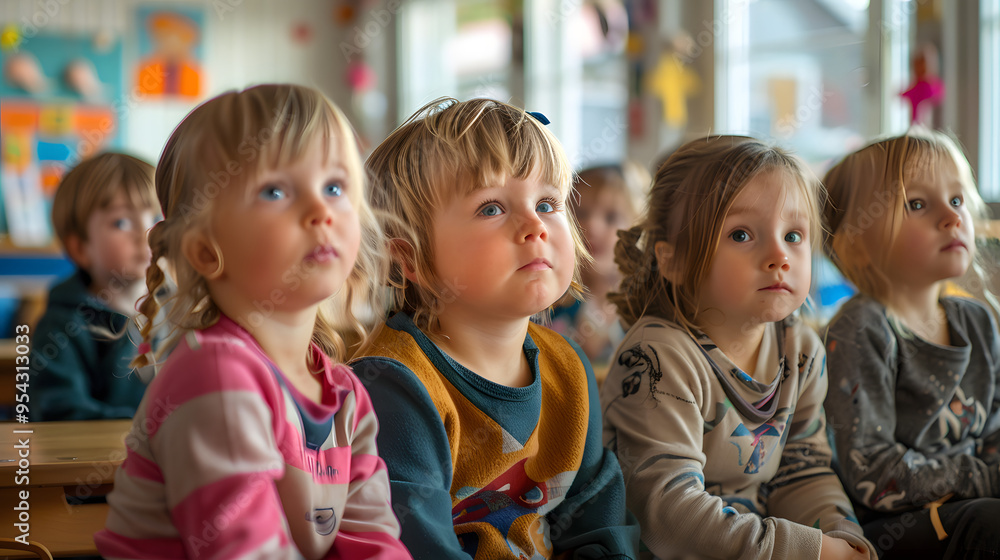 A group of young children sits closely together, attentively listening in a classroom setting, with bright, colorful decorations in the background. A group of young children sits closely together, attentively listening in a classroom setting, with bright, colorful decorations in the background.