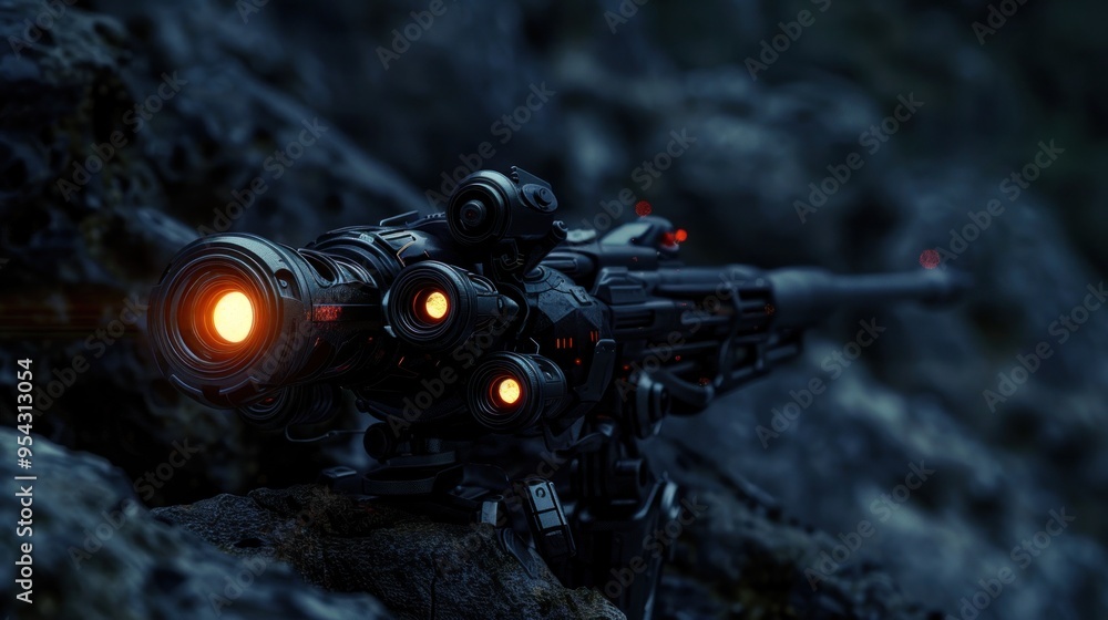 Fototapeta premium Big gun robot shines on dark rough stone background. ai generated image