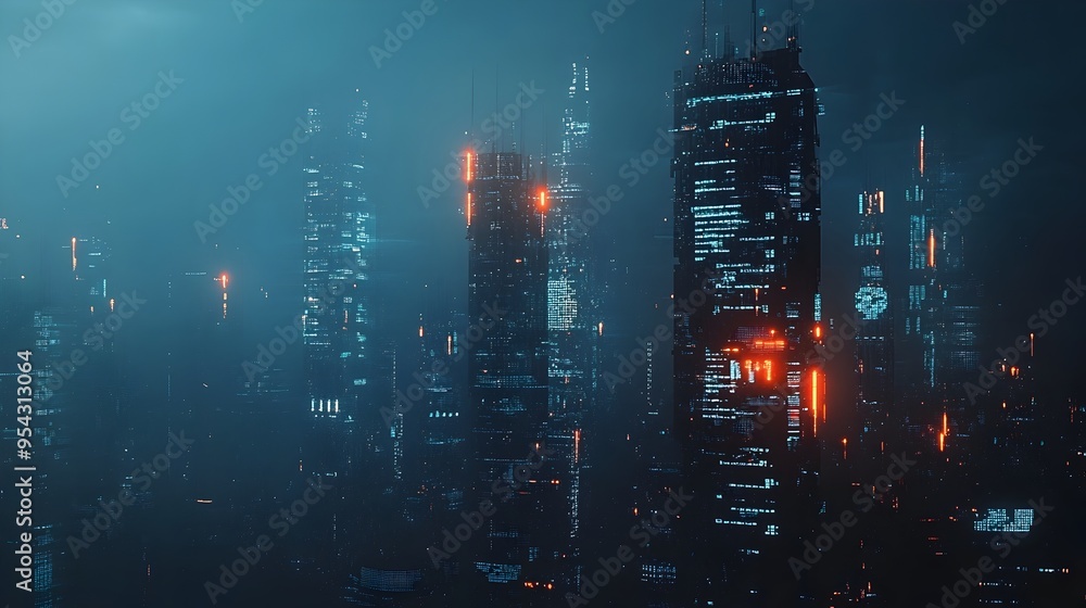 Fototapeta premium Futuristic Cityscape with Glowing Digital Elements Shaping the Urban Landscape