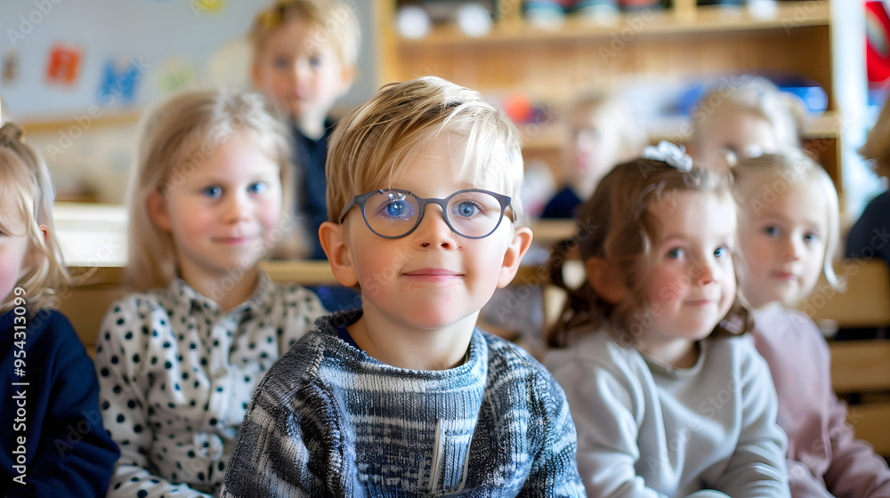 A group of young children sits together in a classroom, with a boy wearing glasses in the foreground, creating a scene of focused and engaged learning. A group of young children sits together in a classroom, with a boy wearing glasses in the foreground, creating a scene of focused and engaged learning.