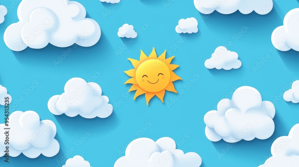 Smiling Sun and Clouds on Blue Background Paper Cut Style Smiling Sun and Clouds on Blue Background Paper Cut Style