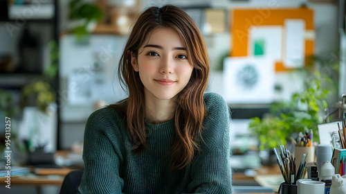 Young woman with long brown...