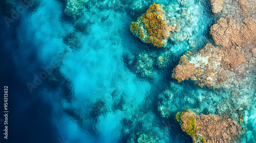 Fototapeta Naklejka Na Ścianę i Meble -  A drone hovers above a tropical coral reef, showcasing the vibrant colors and patterns of the coral formations beneath the crystal-clear blue water