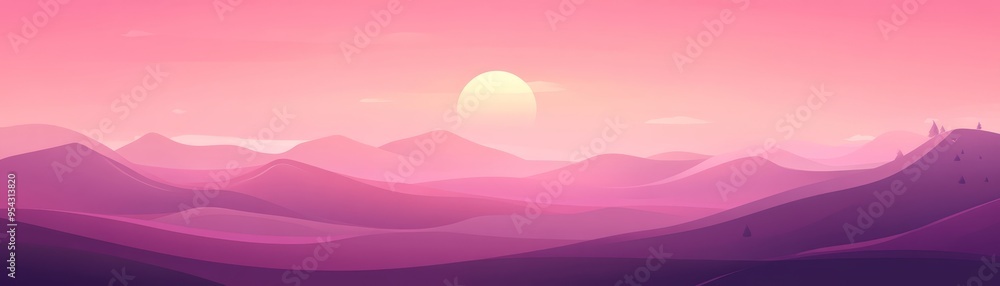 Pink Sunset Mountain Landscape Illustration Pink Sunset Mountain Landscape Illustration