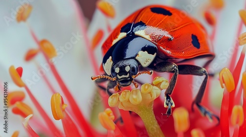 Macro photography of ladybugs amidst vibrant botanical flowers in nature s splendor photo