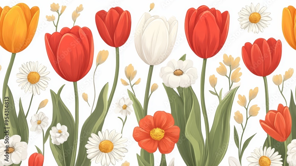 Spring Floral Border with Tulips Daisies and Freesias Spring Floral Border with Tulips Daisies and Freesias