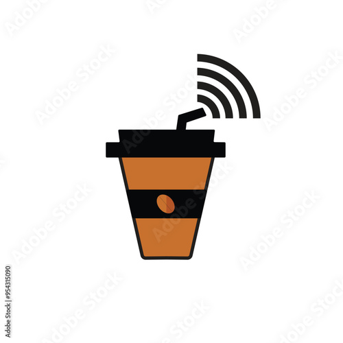 Minimalist illustration of a brown takeaway coffee cup with a black lid and straw, accompanied by a Wi-Fi signal icon. The design, set against a white background, suggests connectivity and coffee cult